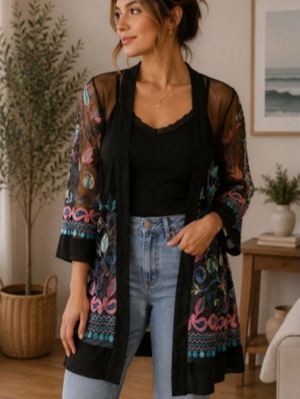 Black Sheer Embroidered Open Front Cardigan - Women's Sweater